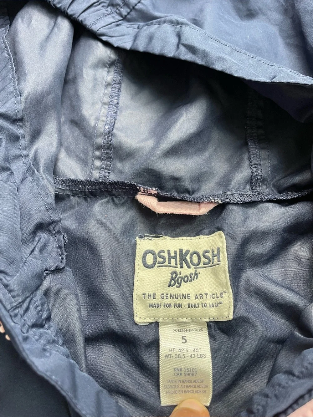OshKosh B'gosh Girl’s 5 Packable Hooded Lightweight Windbreaker Jacket Navy Pink